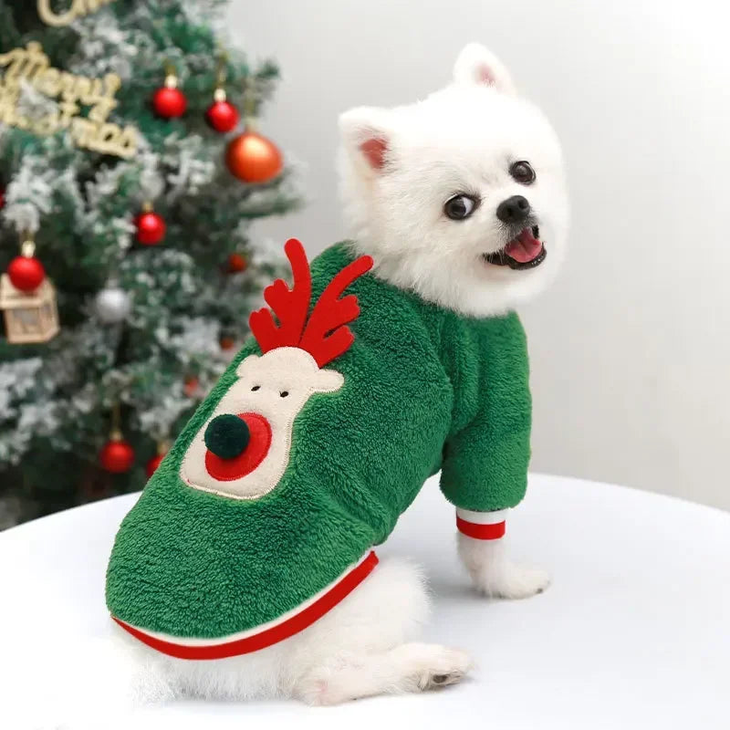 Christmas Elk & Santa Dog Hoodie, Warm Winter Pet Coat