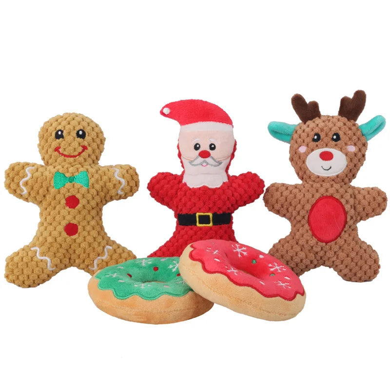 Christmas Squeaky Plush Dog Toy, Santa, Reindeer & Gingerbread