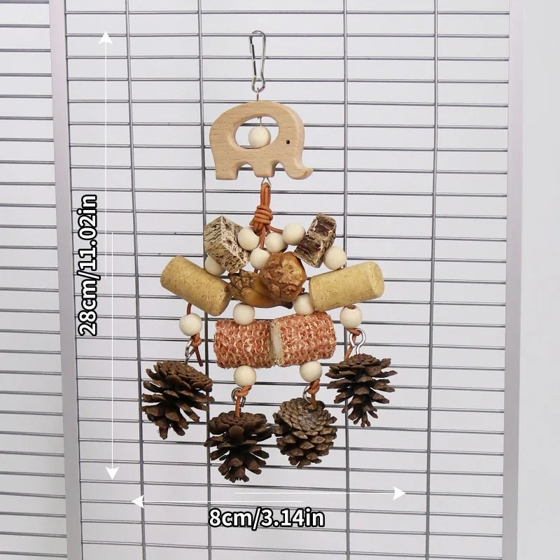 Wooden Rattan & Pine Cone Parrot Chew Toy for Bird Cages