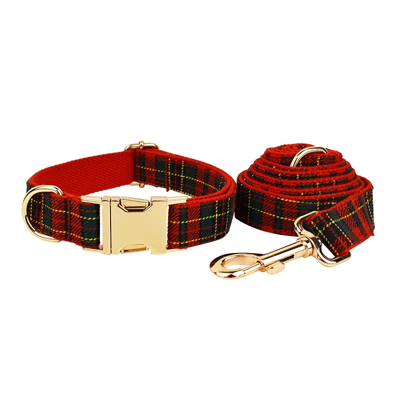 Christmas Dog Collar, Red Lattice Soft Cotton with Bell