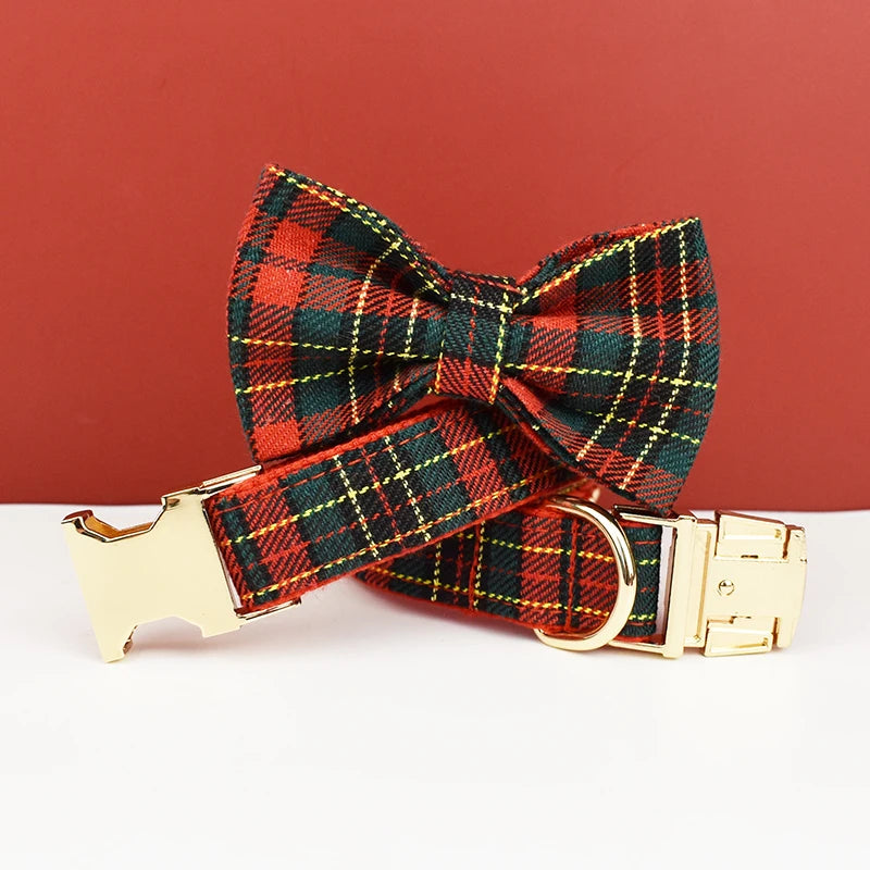 Christmas Dog Collar, Red Lattice Soft Cotton with Bell