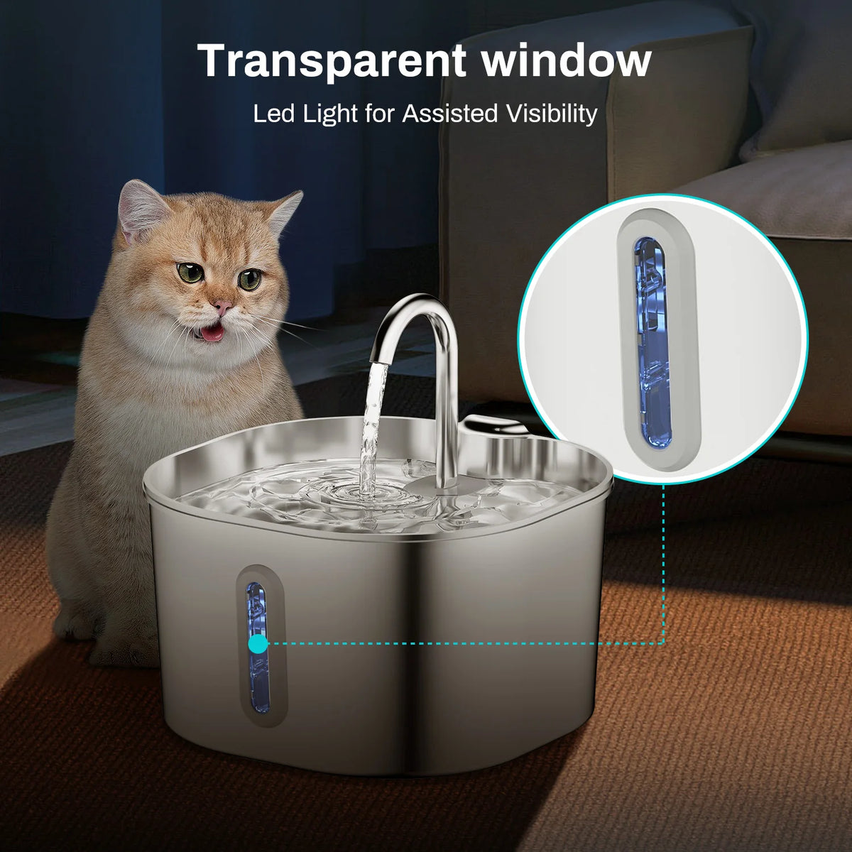 Stainless Steel Pet Water Fountain – 2.2L Cat & Dog Drinking Bowl