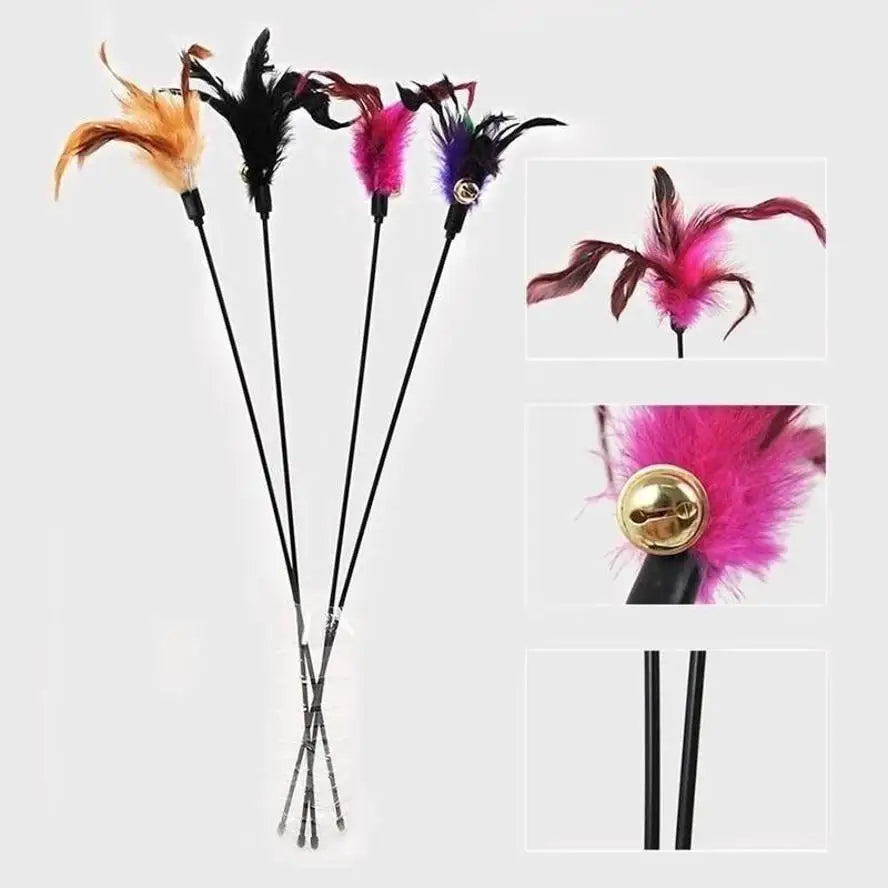 5-Pack Turkey Feather Cat Teaser Wand with Bell