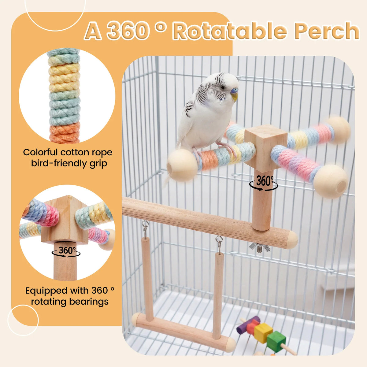 3-in-1 Wooden Bird Perch Swing & Hammock Toy for Parakeets