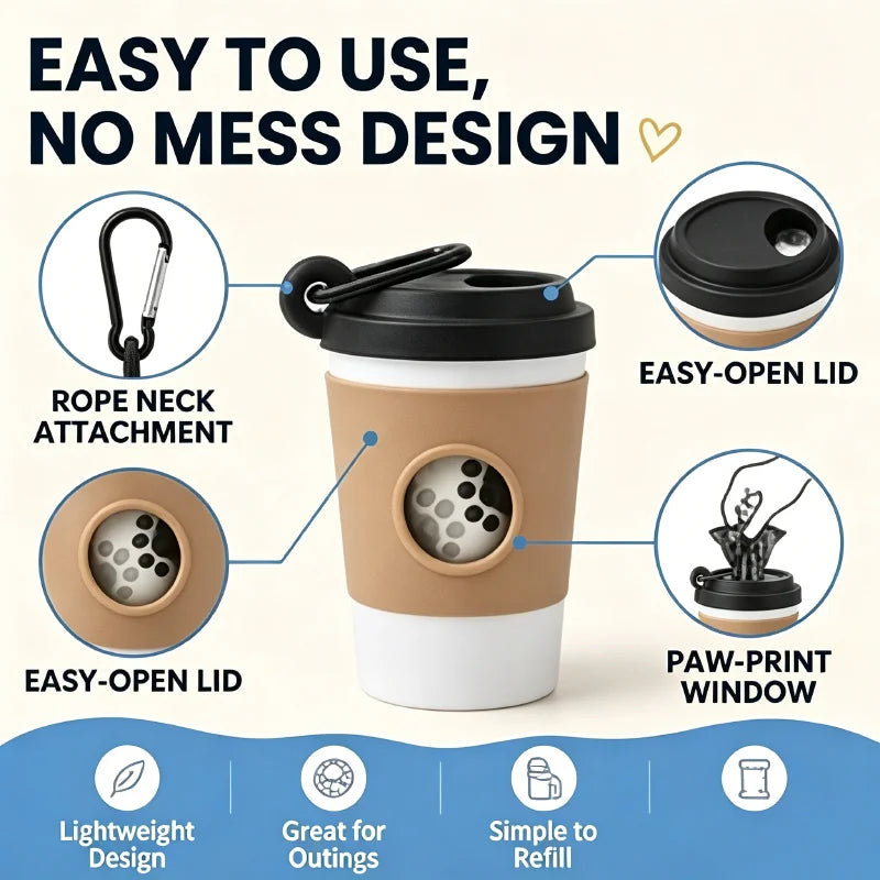 Coffee Cup Dog Poop Bag Dispenser with Leash Clip for Walks