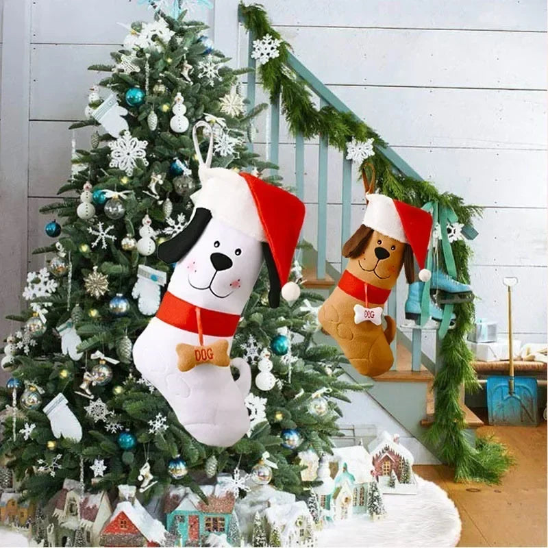 Dog Bone Christmas Stocking, Festive Holiday Gift Bag