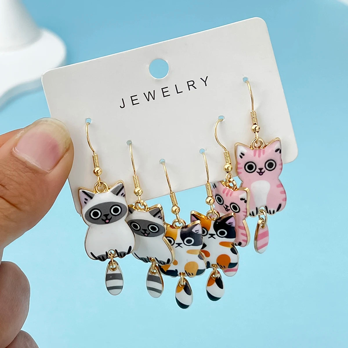 Hanging Tail Cat Dangle Earrings, 3-Pair Enamel Gift Set for Cat Lovers