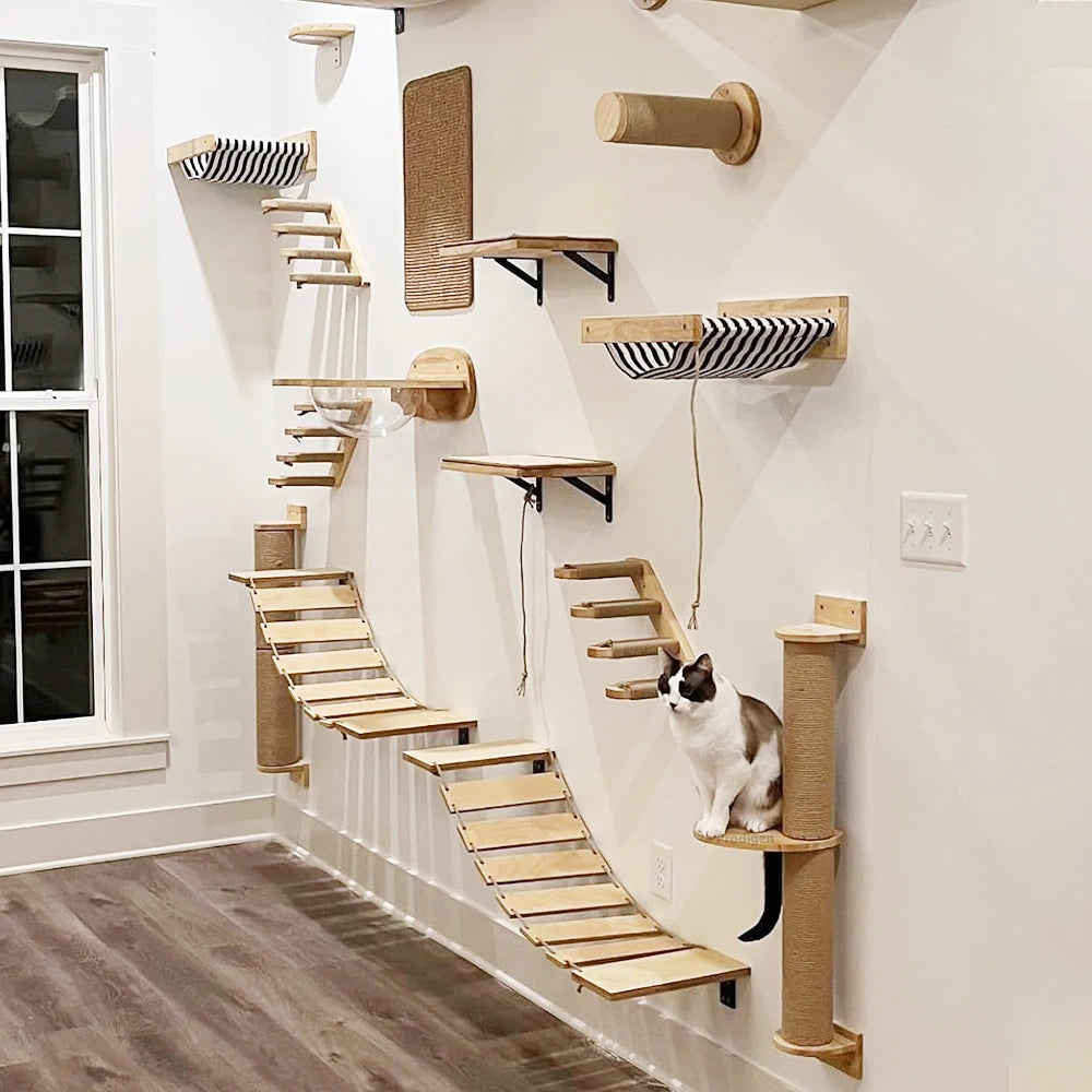 Wall-Mounted Cat Climbing Shelf Set with Scratching Post & Hammock