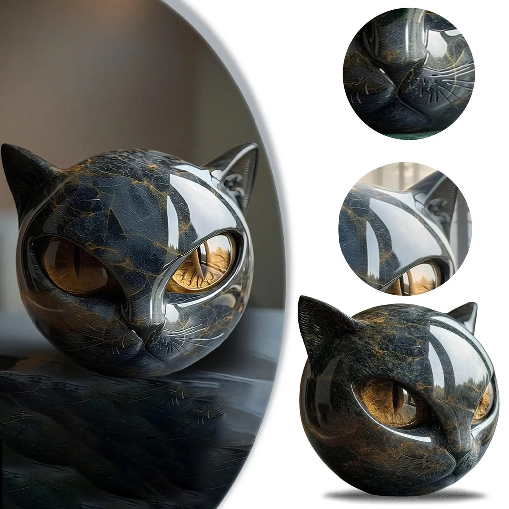 Black Cat Resin Figurine, Marble-Texture Cat Head Decor