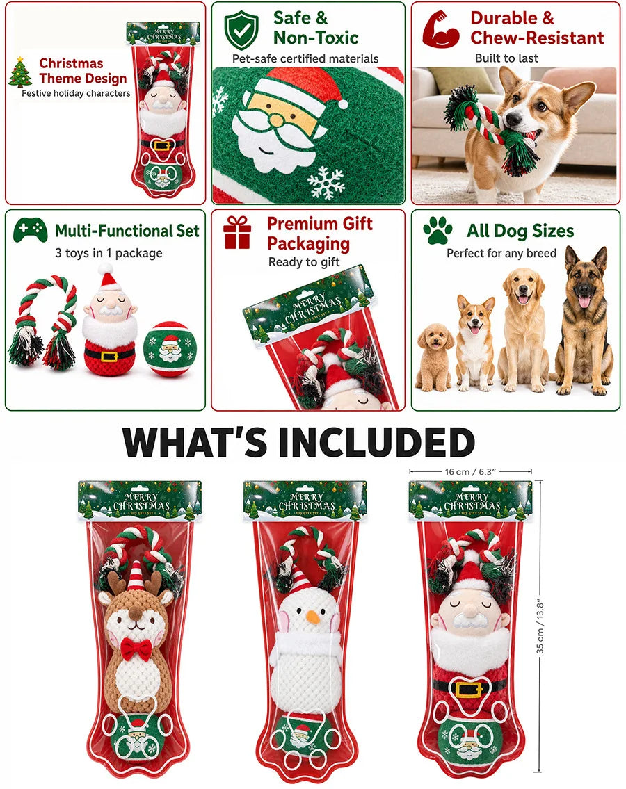 3-Piece Christmas Dog Toy Set with Plush, Rope and Tennis Ball