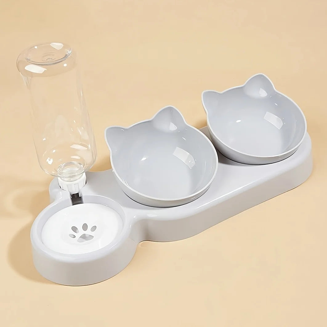 3-in-1 Tilted Cat Bowl Set with Gravity Water Bottle, Neck-Friendly