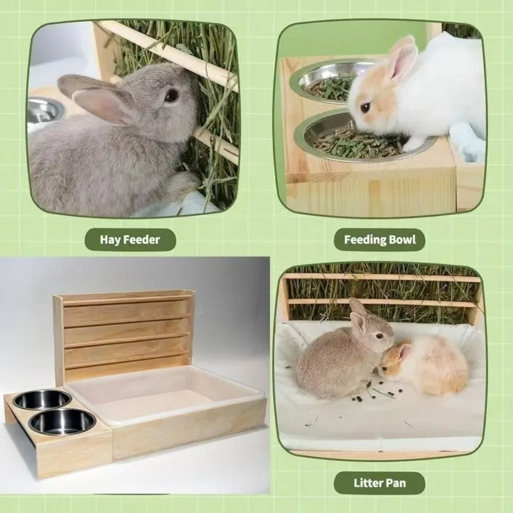 3-in-1 Wooden Rabbit Hay Feeder with Litter Box & 2 Bowls