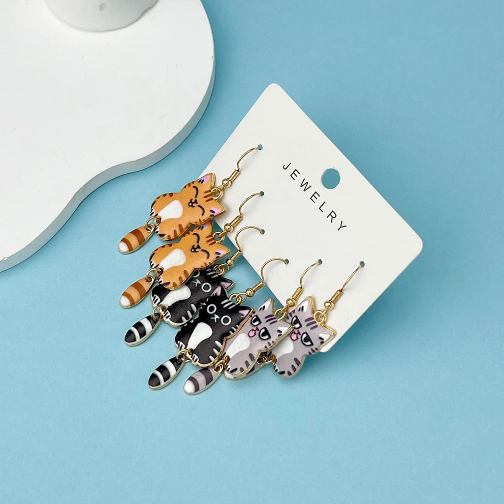 Hanging Tail Cat Dangle Earrings, 3-Pair Enamel Gift Set for Cat Lovers