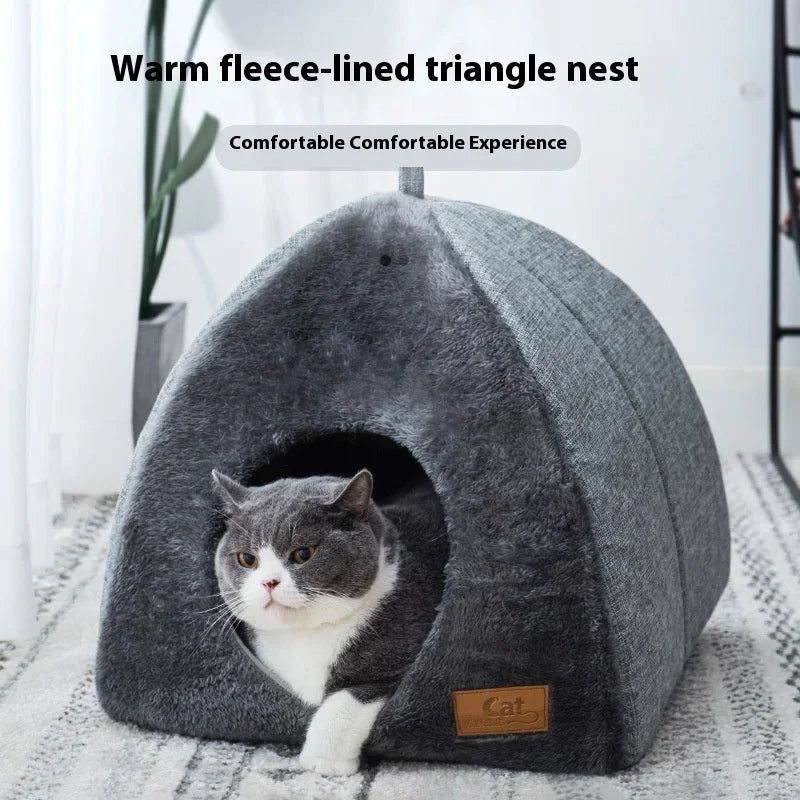 Warm Triangle Cat Tent Bed, Enclosed Cozy Cave for Cats & Small Dogs