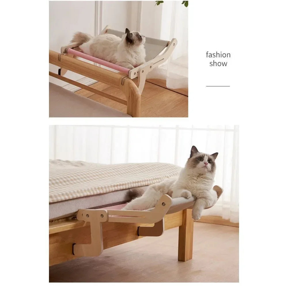 Wooden Sofa Armrest Cat Hammock, Clip-On Canvas Perch Bed for Cats