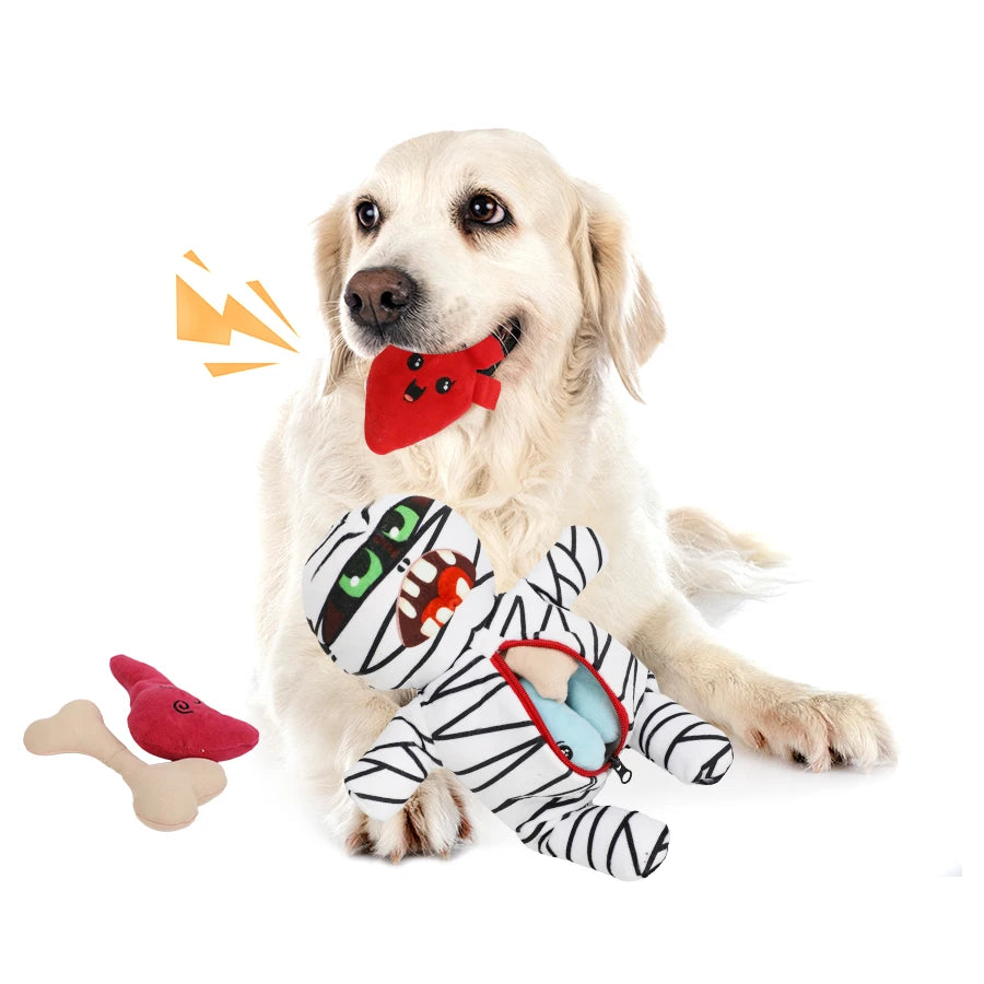 Spooky Mummy Plush Pet Toy Set, Halloween Dog Toys