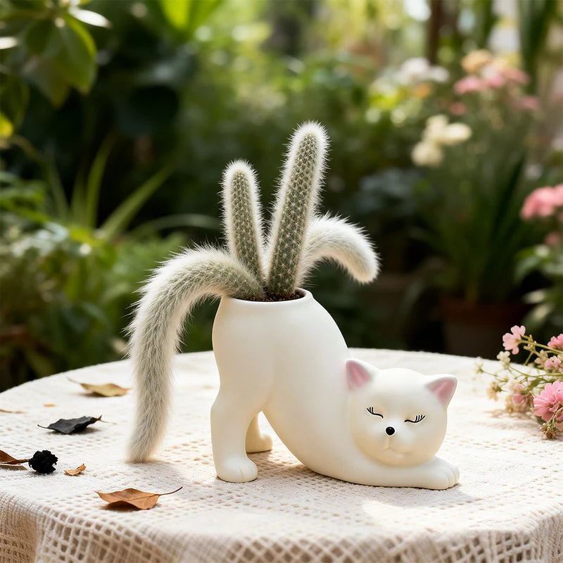Curly Cat Resin Planter, Whimsical Kitty Pot for Succulents