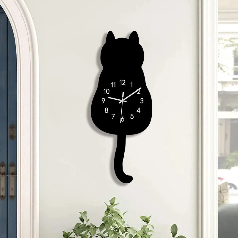 Swinging Tail Cat Wall Clock, Silent Acrylic Decor for Cat Lovers