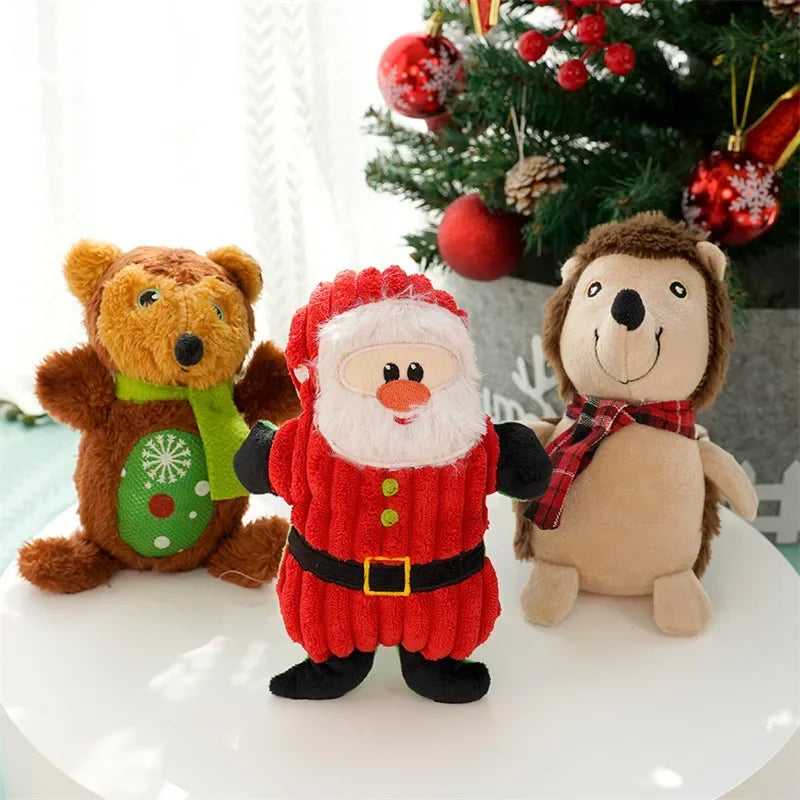 Christmas Plush Squeaky Dog Toy, Santa Elk & Gingerbread Man