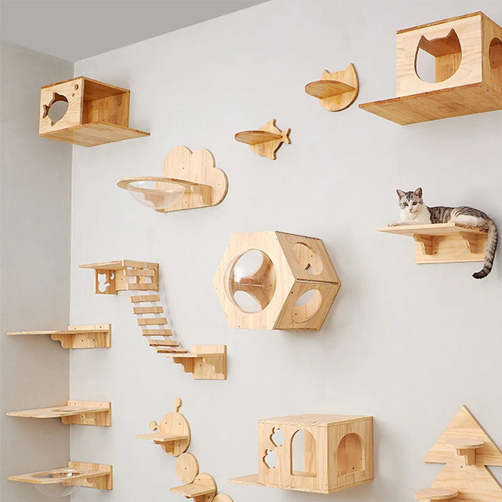 Wall-Mounted Cat Climbing Shelf Set with Scratching Post & Hammock