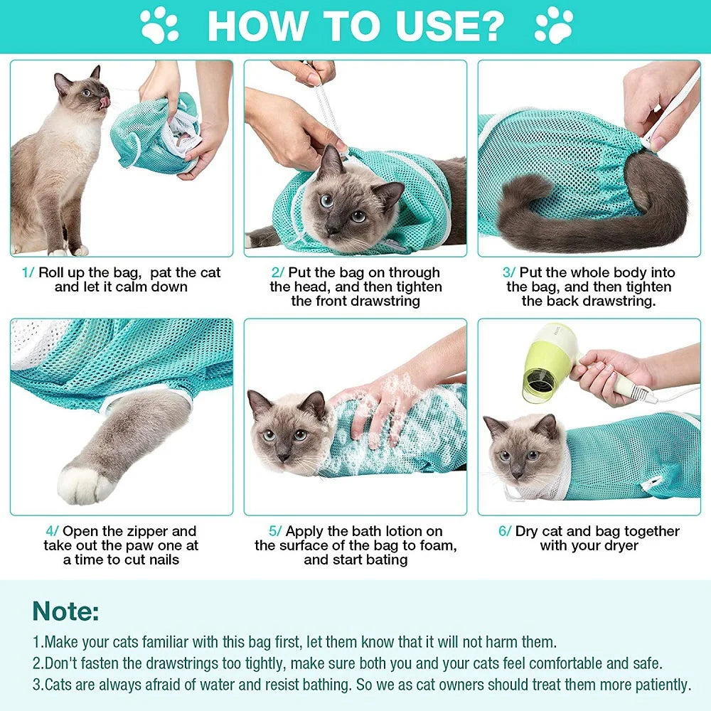 Mesh Cat Bathing Bag, Anti-Scratch Grooming Restraint for Nail Trims