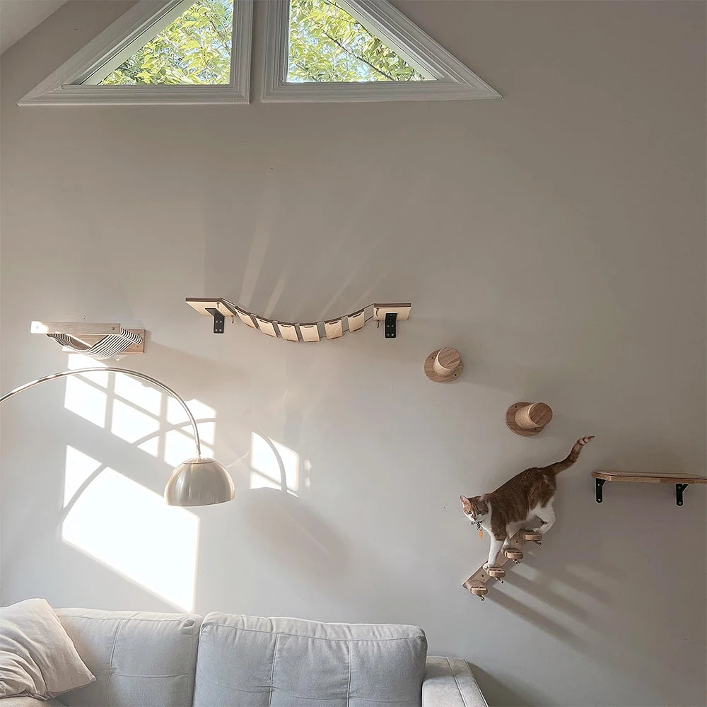 Wall-Mounted Cat Climbing Shelf Set with Scratching Post & Hammock