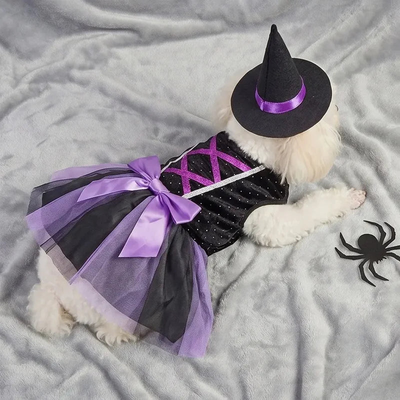 Halloween Witch Tutu Dress with Hat for Small Dogs and Cats, Purple