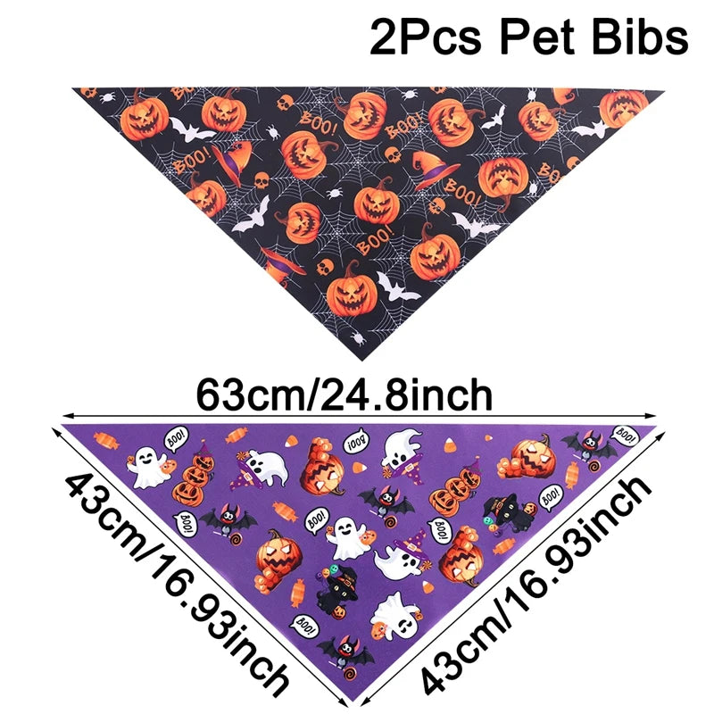 Halloween Dog Bandanas 2-Pack, Pumpkin and Ghost Triangle Scarves