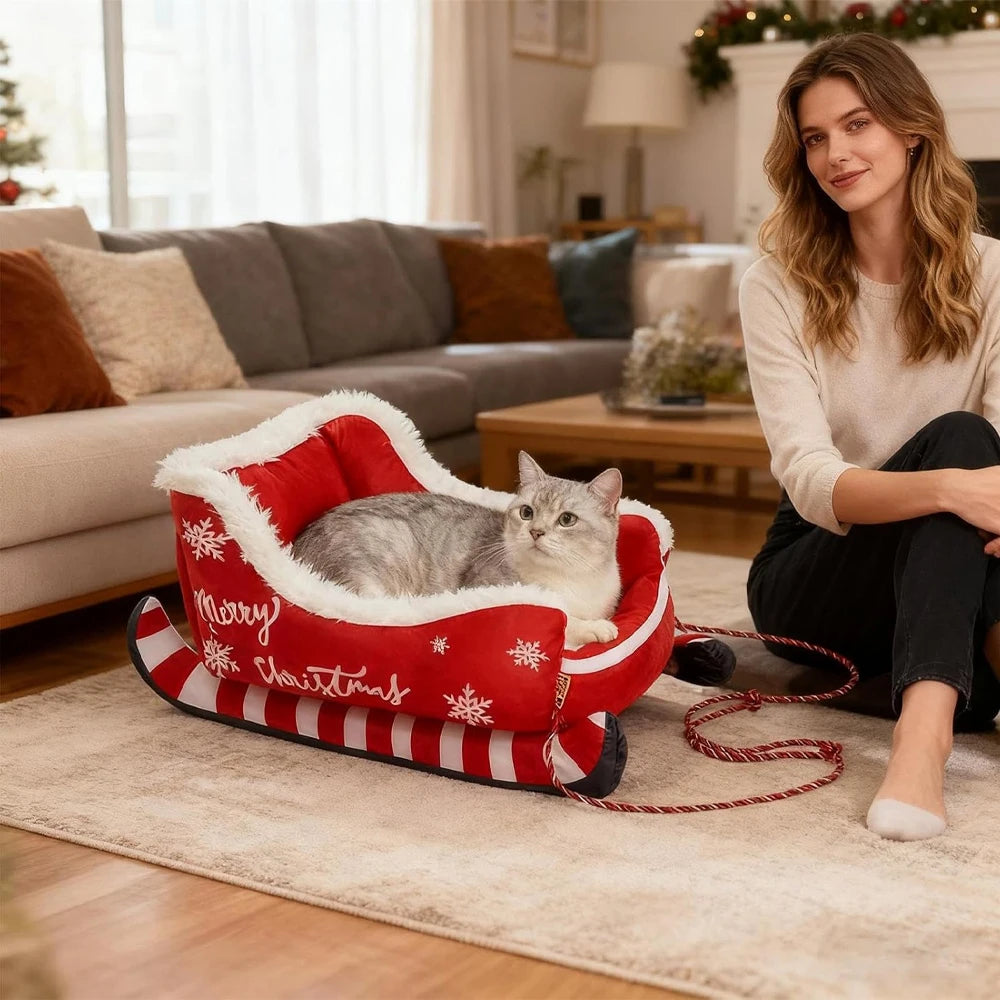 Christmas Sleigh Pet Sofa Bed, Washable with Non-Slip Base