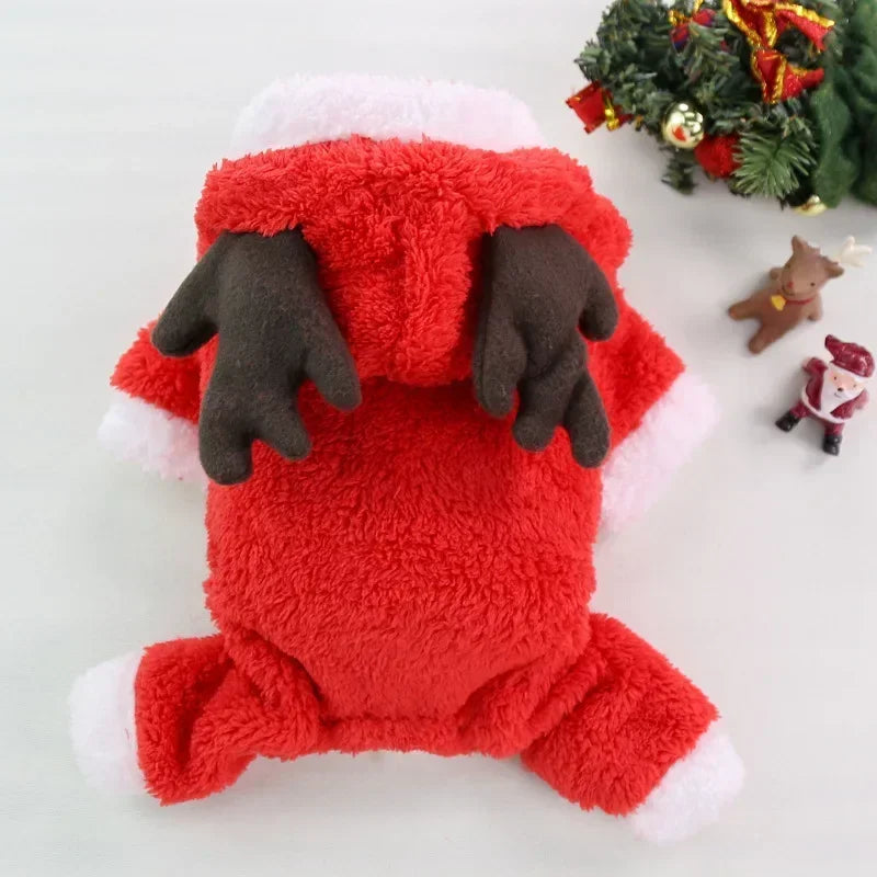 Christmas Elk & Santa Dog Hoodie, Warm Winter Pet Coat