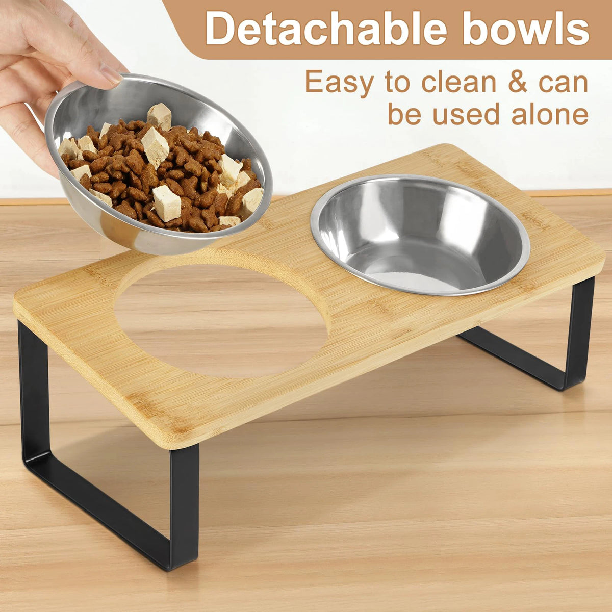Tilted Elevated Cat Bowls with Wooden Stand, 2 Stainless Steel Bowls