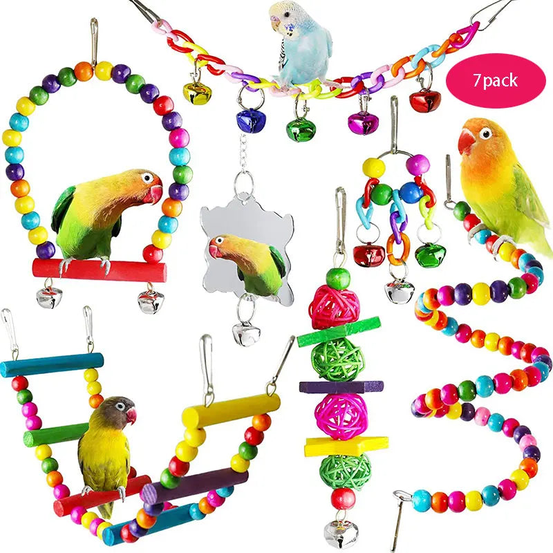 7-Piece Wooden Parrot Toy Set with Swing, Bridge & Bells