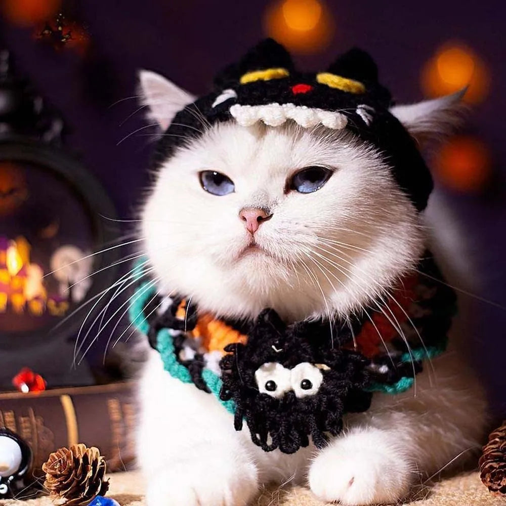 Halloween Cat Costume Pumpkin Ghost Woven Hat and Bib Set for Cats