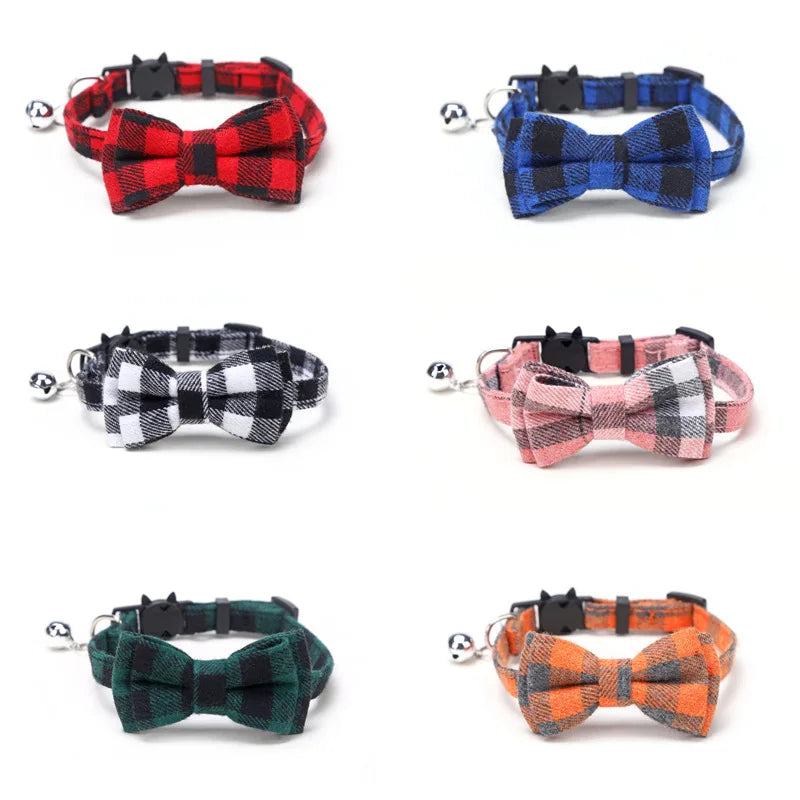 Christmas Plaid Pet Collar Necklace with Bow Tie and Bell, Adjustable