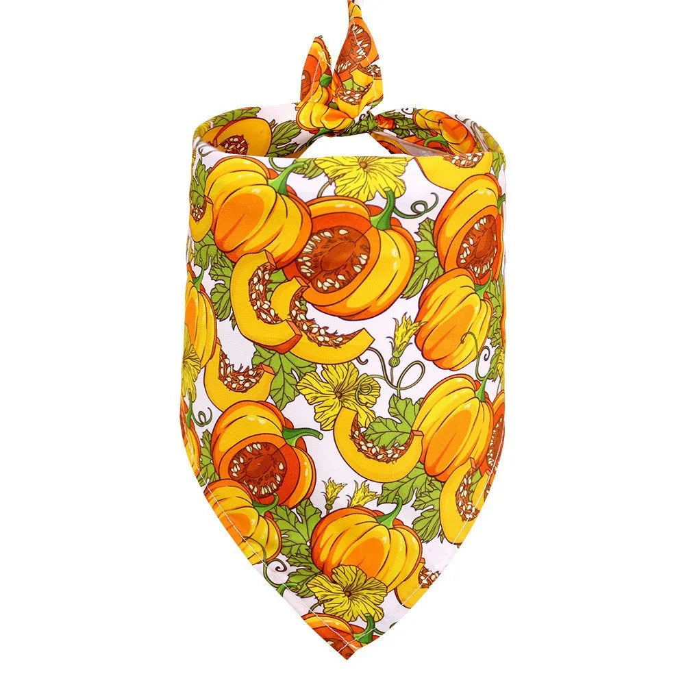 Thanksgiving Pet Bandana with Pumpkins and Maple Leaves, Adjustable