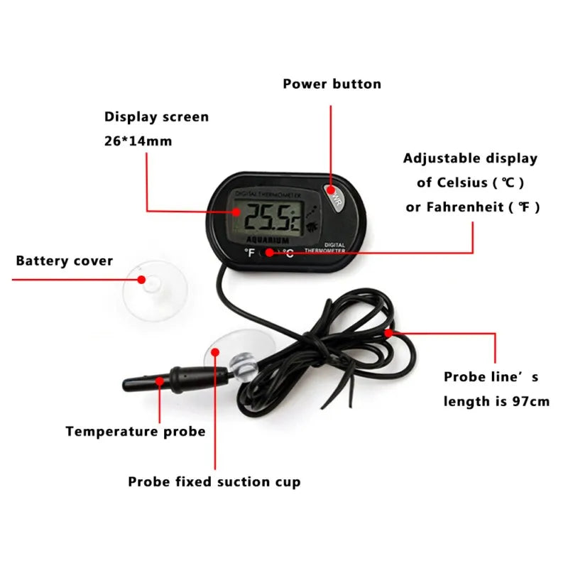 Digital Aquarium Thermometer with Probe & Suction Cup for Fish Tanks