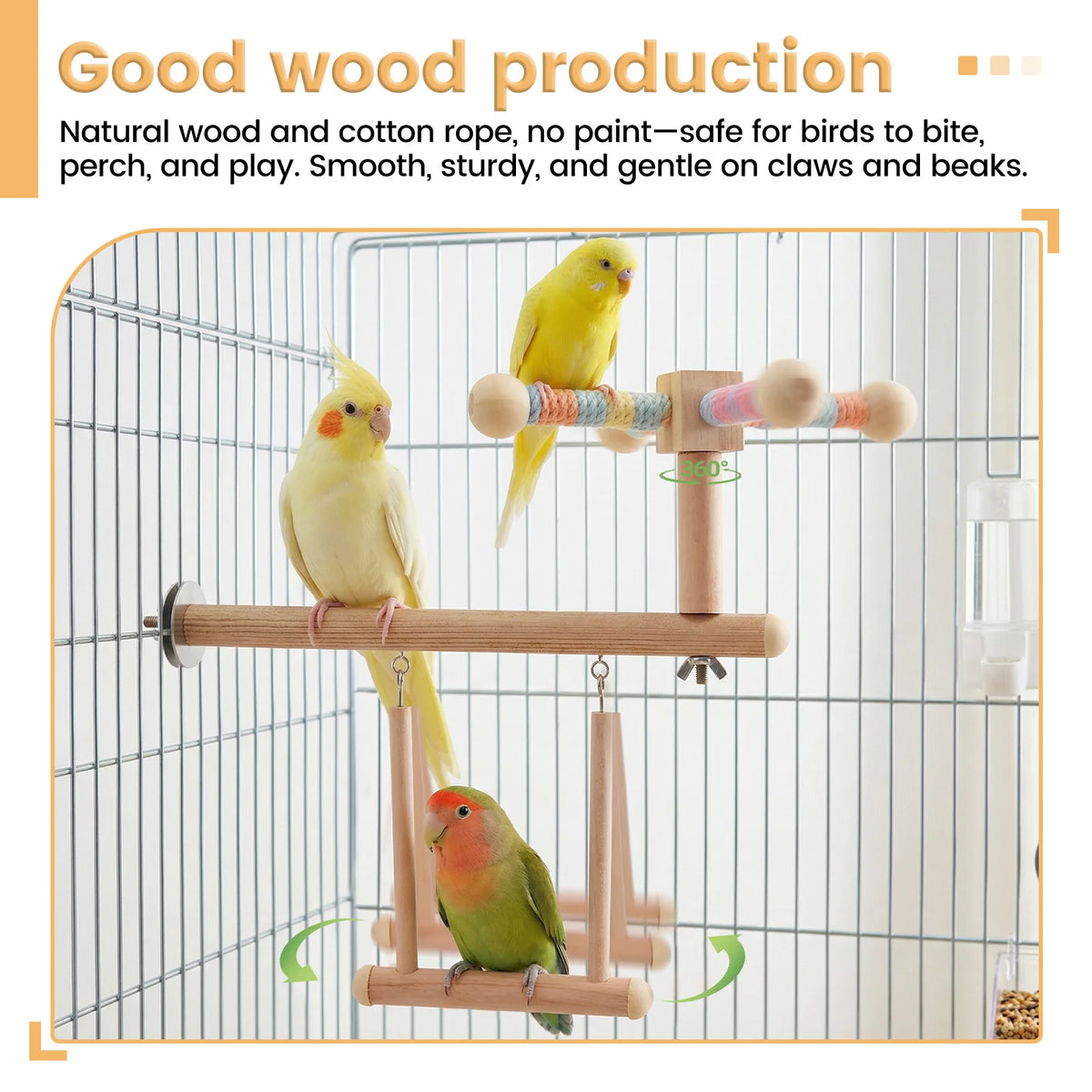 3-in-1 Wooden Bird Perch Swing & Hammock Toy for Parakeets