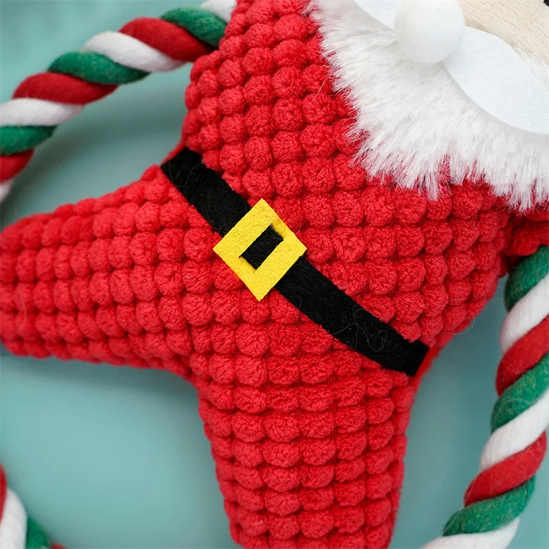 Christmas Dog Plush Santa Squeaky Chew Rope Toy