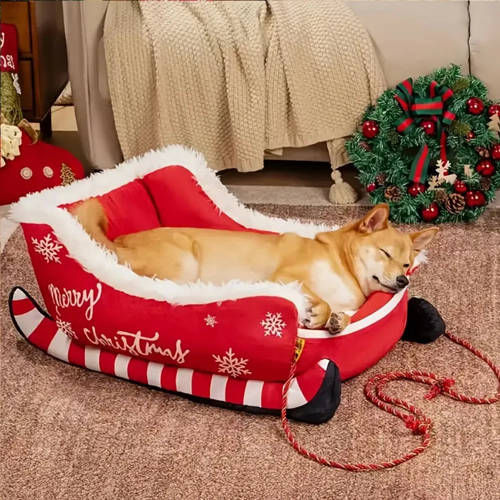 Christmas Sleigh Pet Sofa Bed, Washable with Non-Slip Base