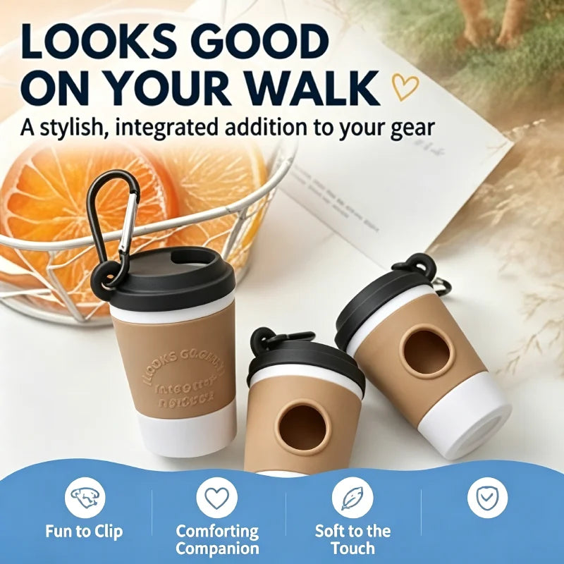 Coffee Cup Dog Poop Bag Dispenser with Leash Clip for Walks