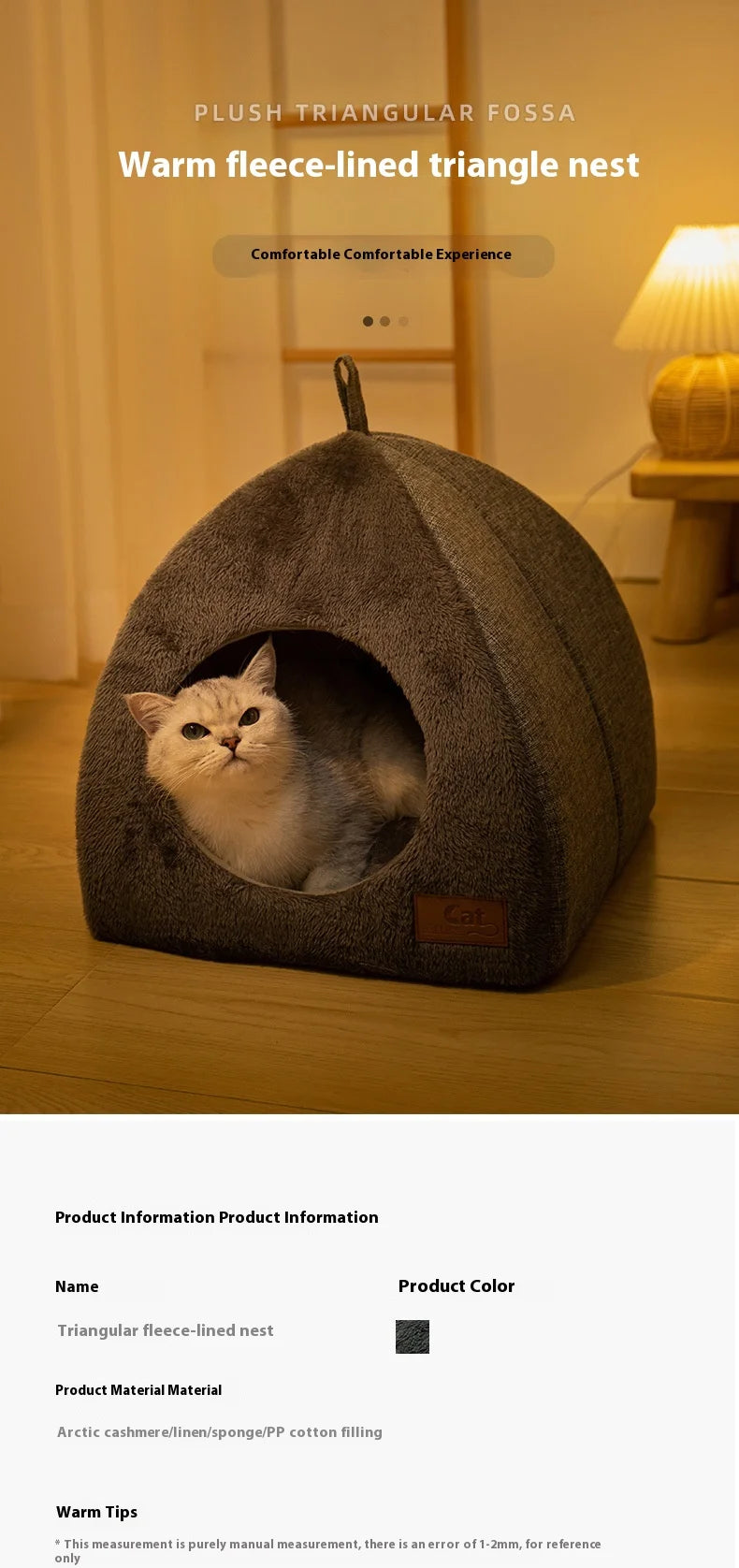 Warm Triangle Cat Tent Bed, Enclosed Cozy Cave for Cats & Small Dogs