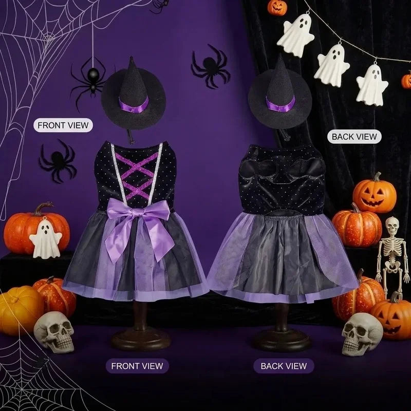 Halloween Witch Tutu Dress with Hat for Small Dogs and Cats, Purple