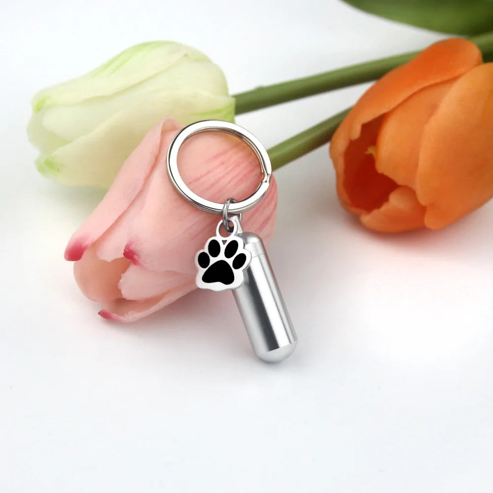 Paw Print Pet Memorial Urn Keychain, Cylinder Ashes Keepsake Holder
