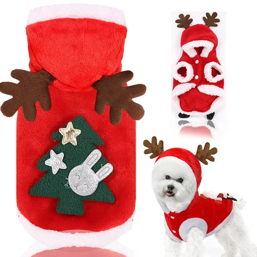 Christmas Elk & Santa Dog Hoodie, Warm Winter Pet Coat