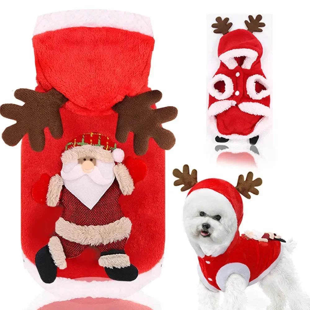 Christmas Elk & Santa Dog Hoodie, Warm Winter Pet Coat
