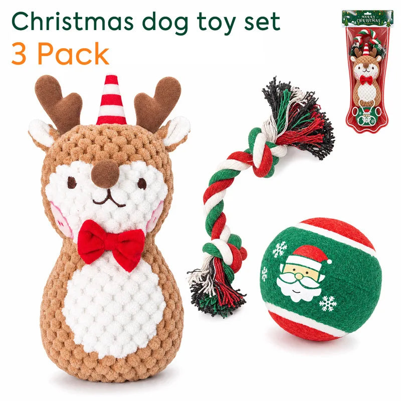 3-Piece Christmas Dog Toy Set with Plush, Rope and Tennis Ball