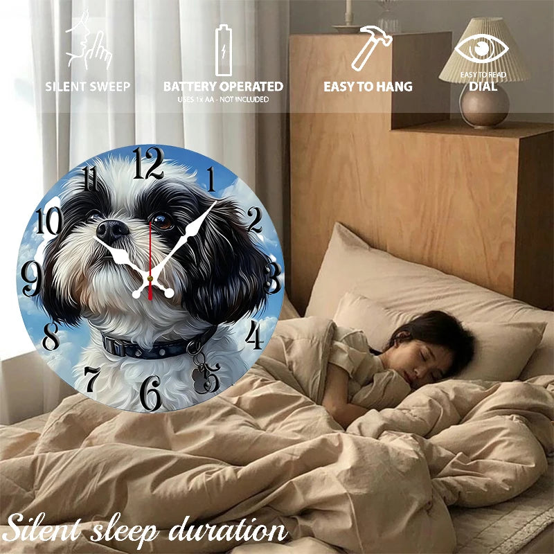 Shih Tzu Dog Wooden Wall Clock, Silent Round Clock for Dog Lovers