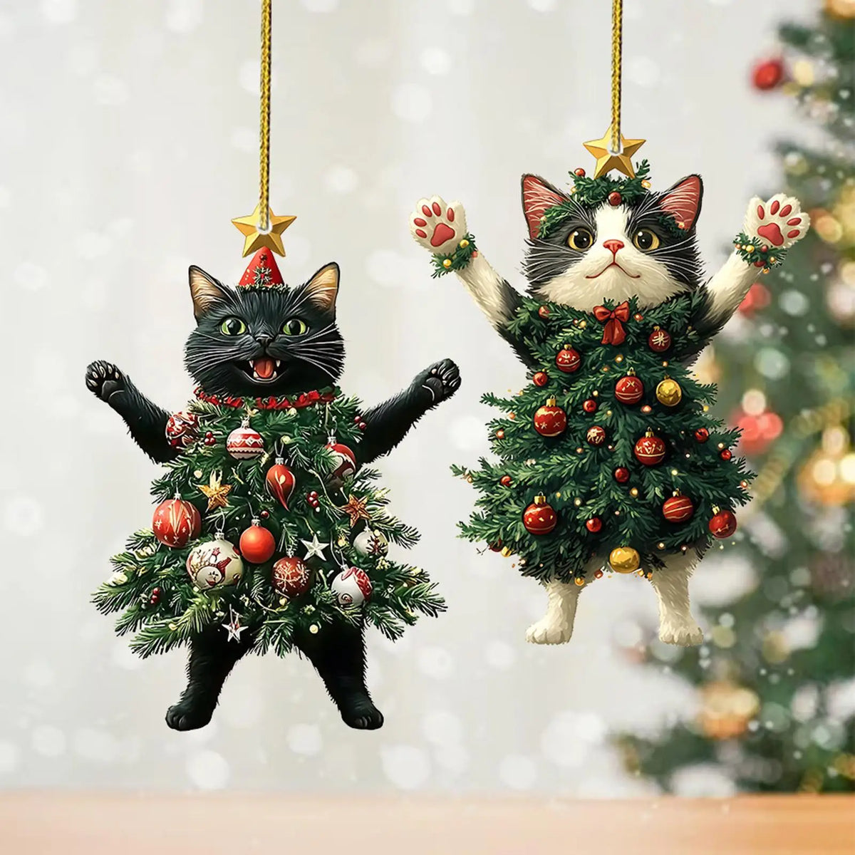 Cat Christmas Tree Ornaments, Acrylic Kitten Hanging Decorations