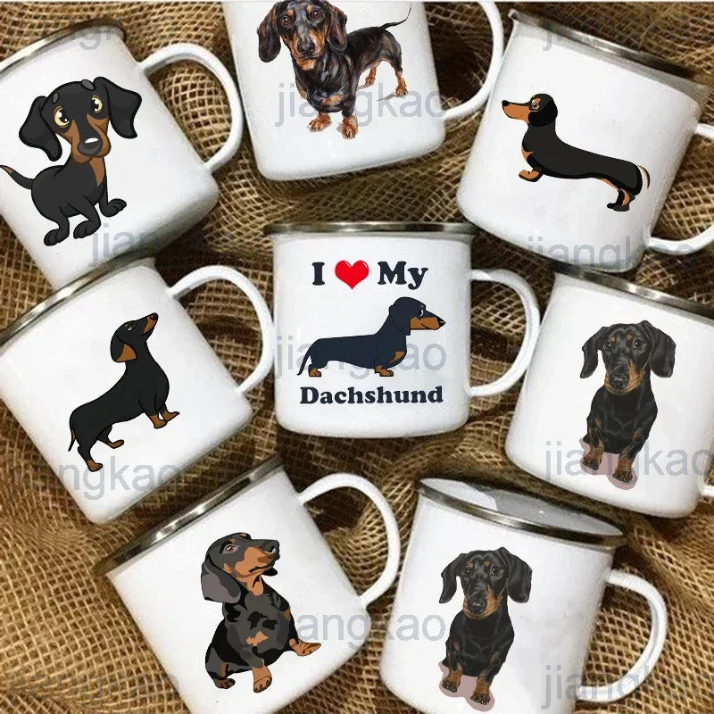 I Love Dachshunds Enamel Camping Mug, Dog Lover Coffee Cup Gift