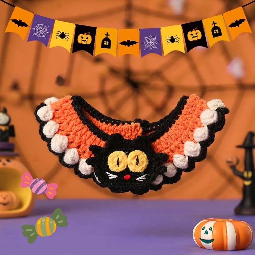Halloween Cat Costume Pumpkin Ghost Woven Hat and Bib Set for Cats